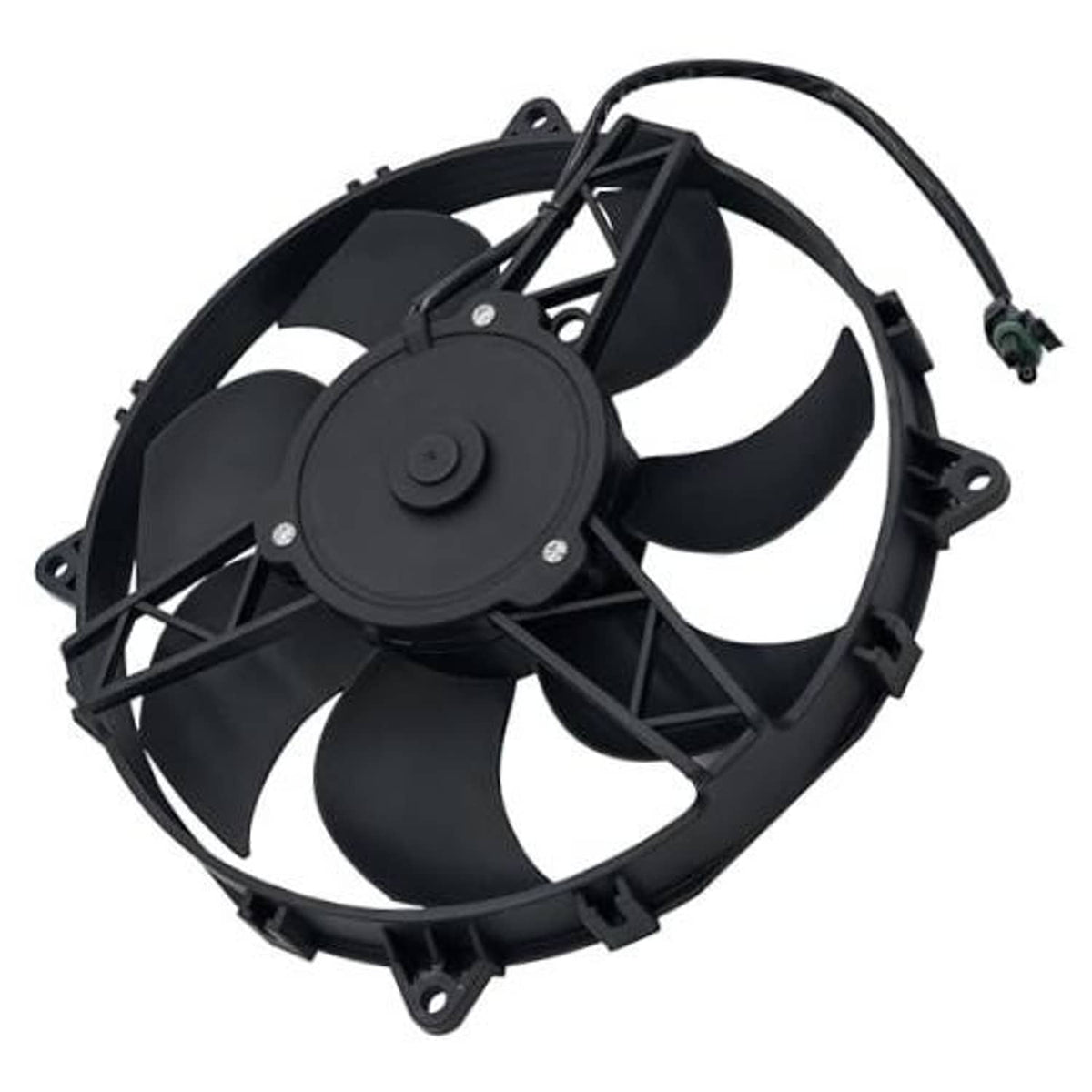 Radiator cooling fan motor assembly with black fan blades and wiring connector