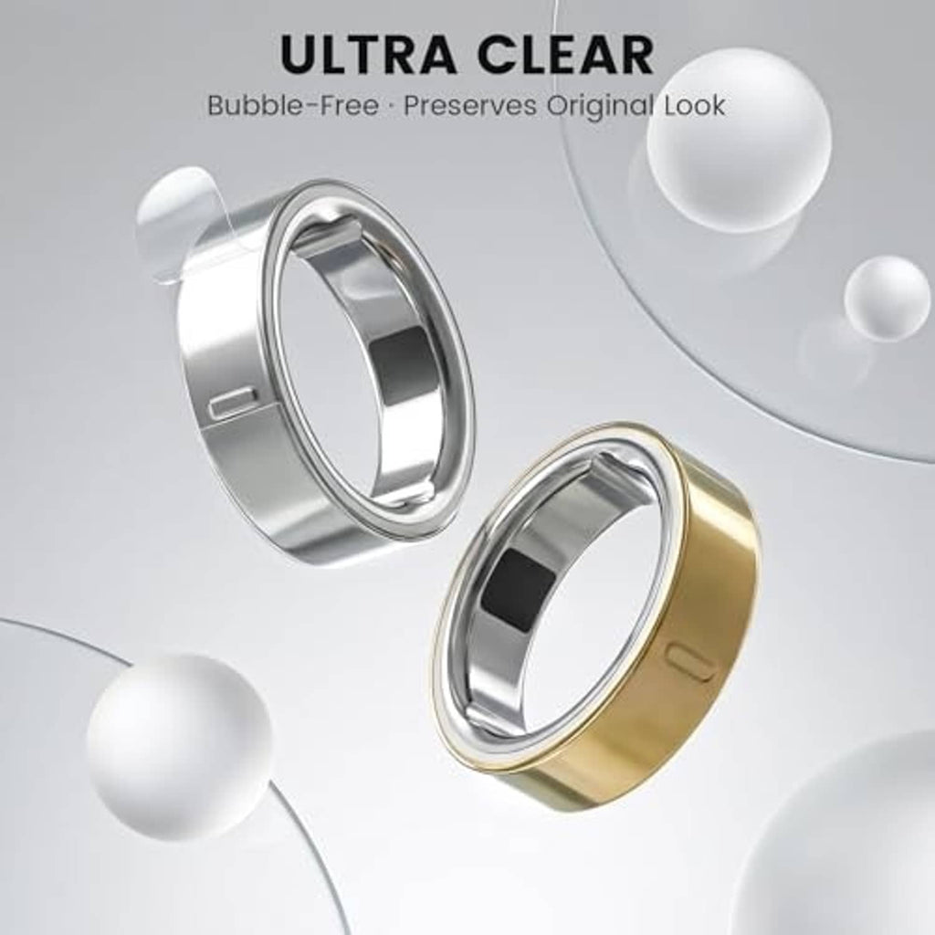 Ultra-clear bubble-free ring skin film on gold and silver Oura-style rings