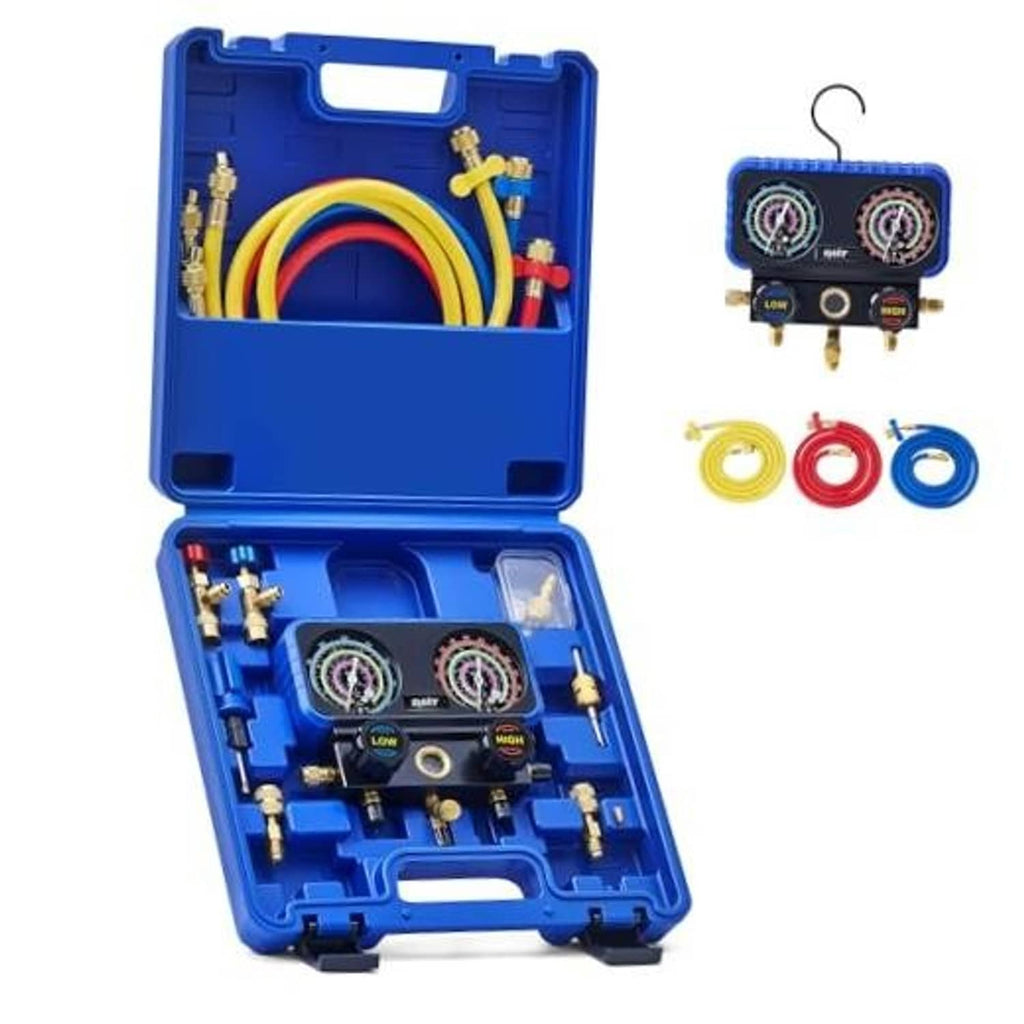 Blue 3-way AC manifold gauge set in hard case with three pressure gauges and hoses