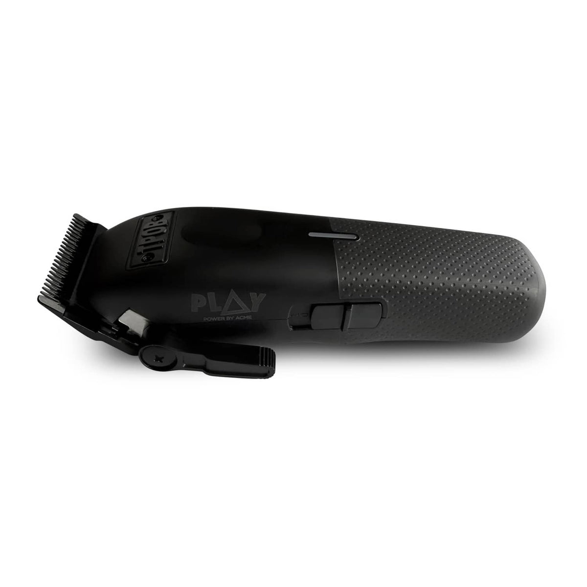 Black hair clipper with textured handle, blade facing left and side adjustment lever