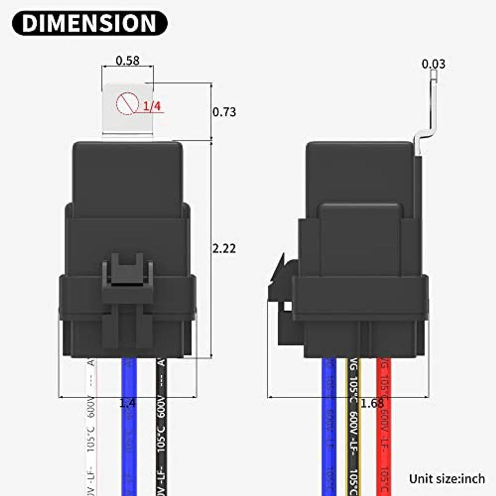 Relay socket size diagram showing black housing and pin layout with colored wire leads