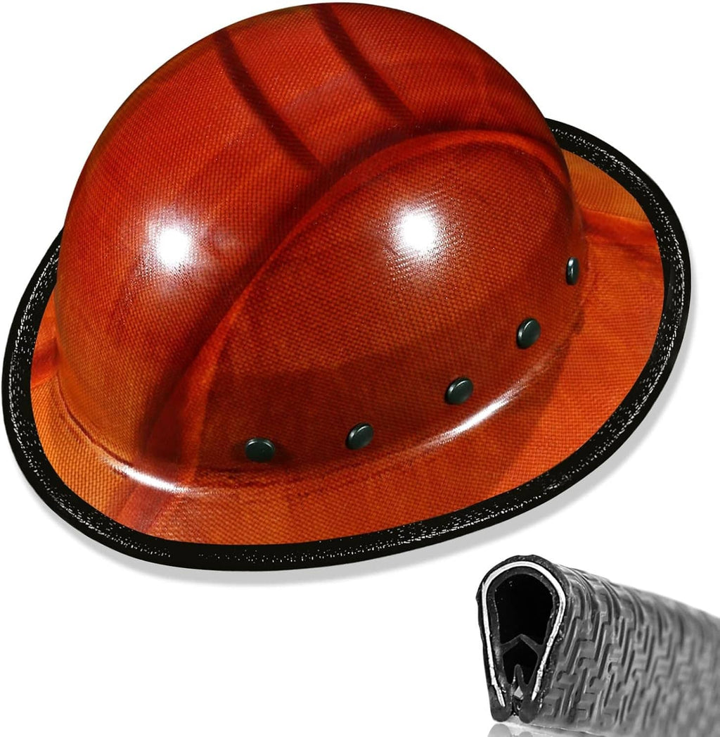Black full brim hard hat guard with studded edge on an orange safety helmet