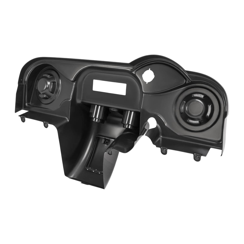 Golf cart dash cover with radio display cutout and dual speaker grilles, side view