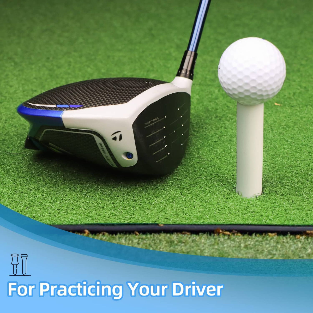 Rubber golf tee with white shaft and blue top holding a golf ball