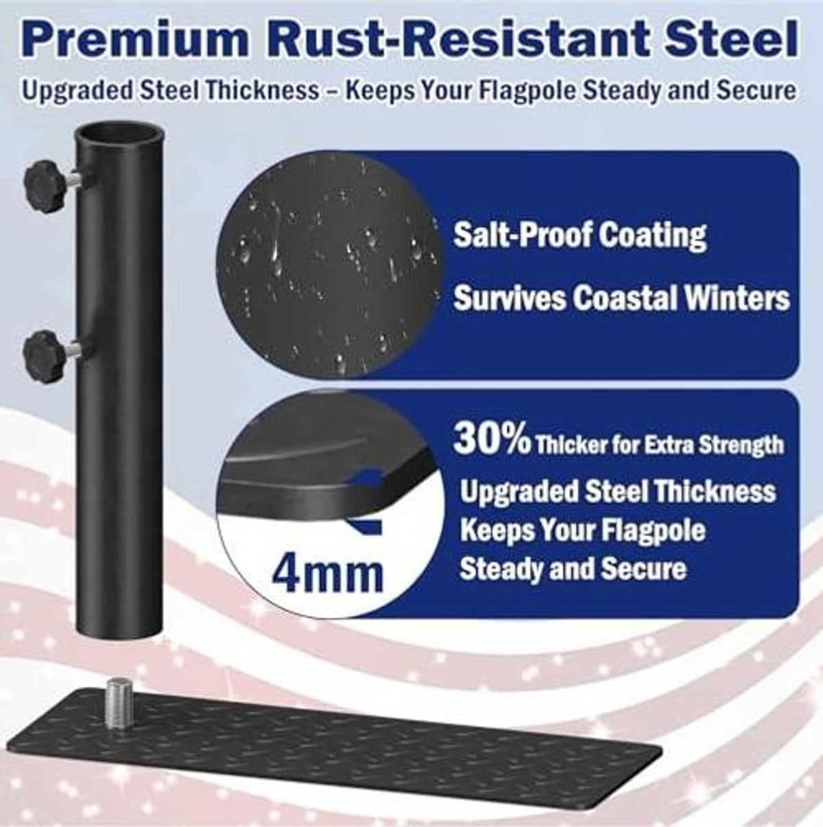 Black steel flag pole tire mount holder with thick walls and clamp bolts on base