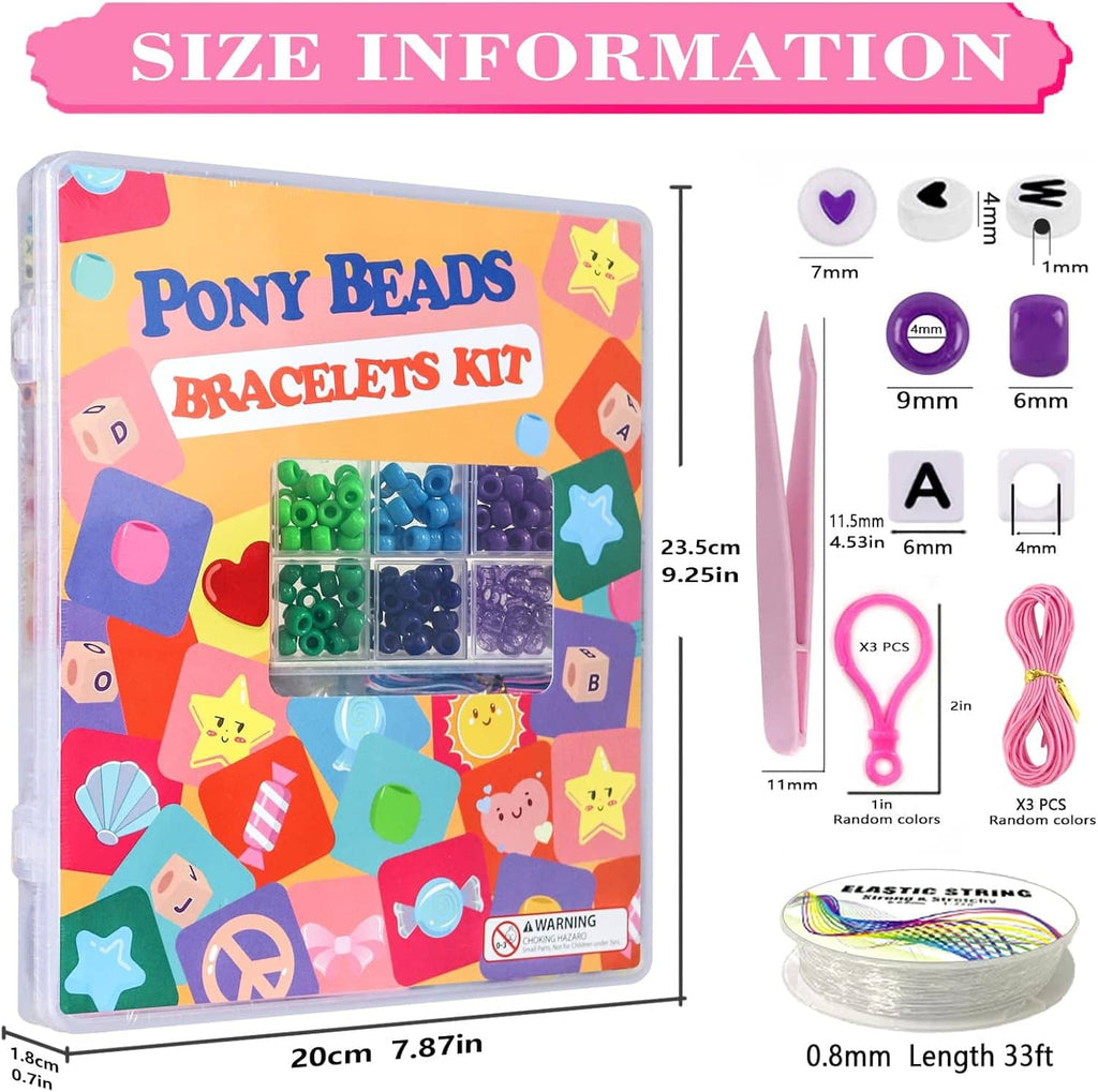 Pony beads bracelets kit in a clear tray with colorful beads, tools, and elastic strings
