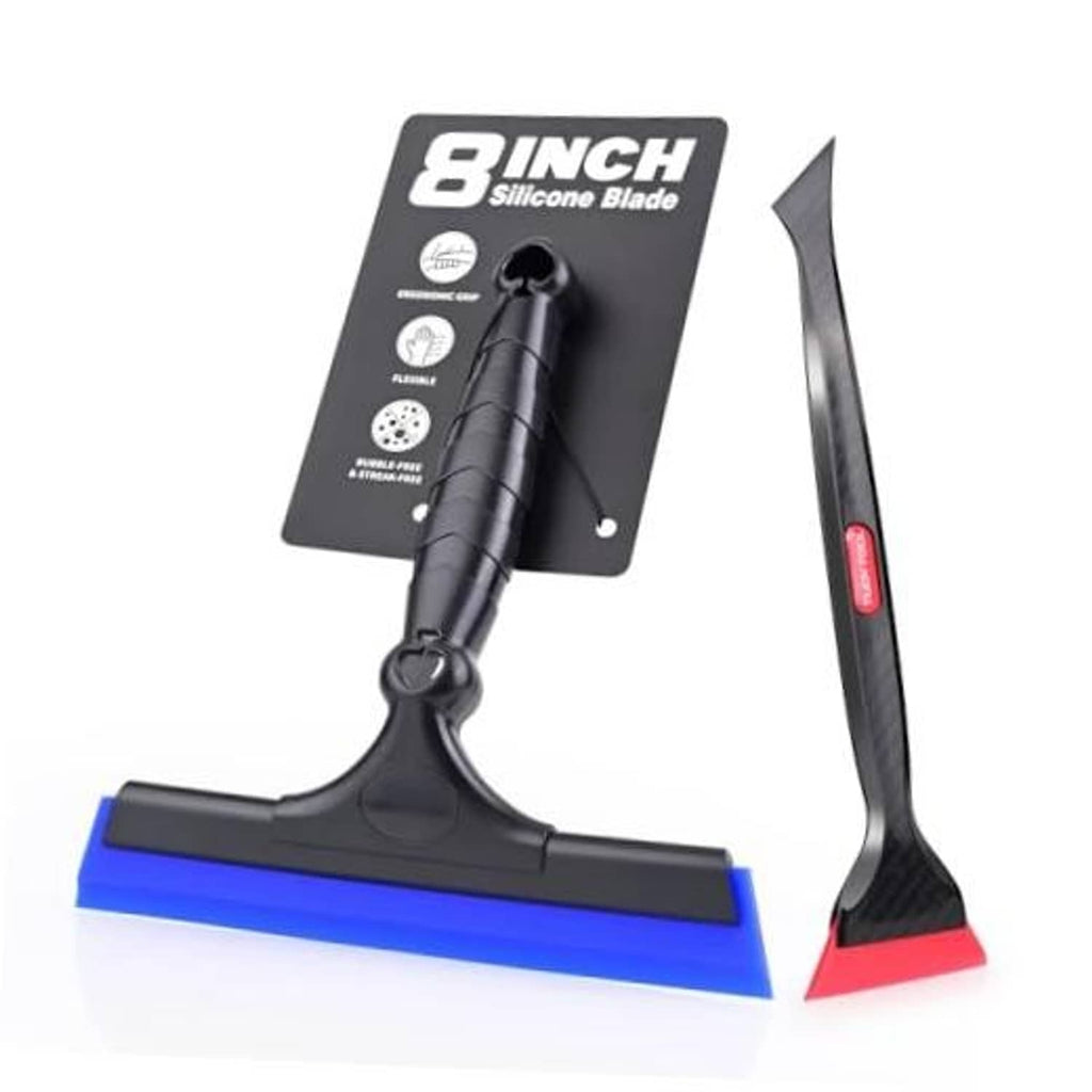 Mini window squeegee tool with black silicone blade, blue edge, and red scraper tip