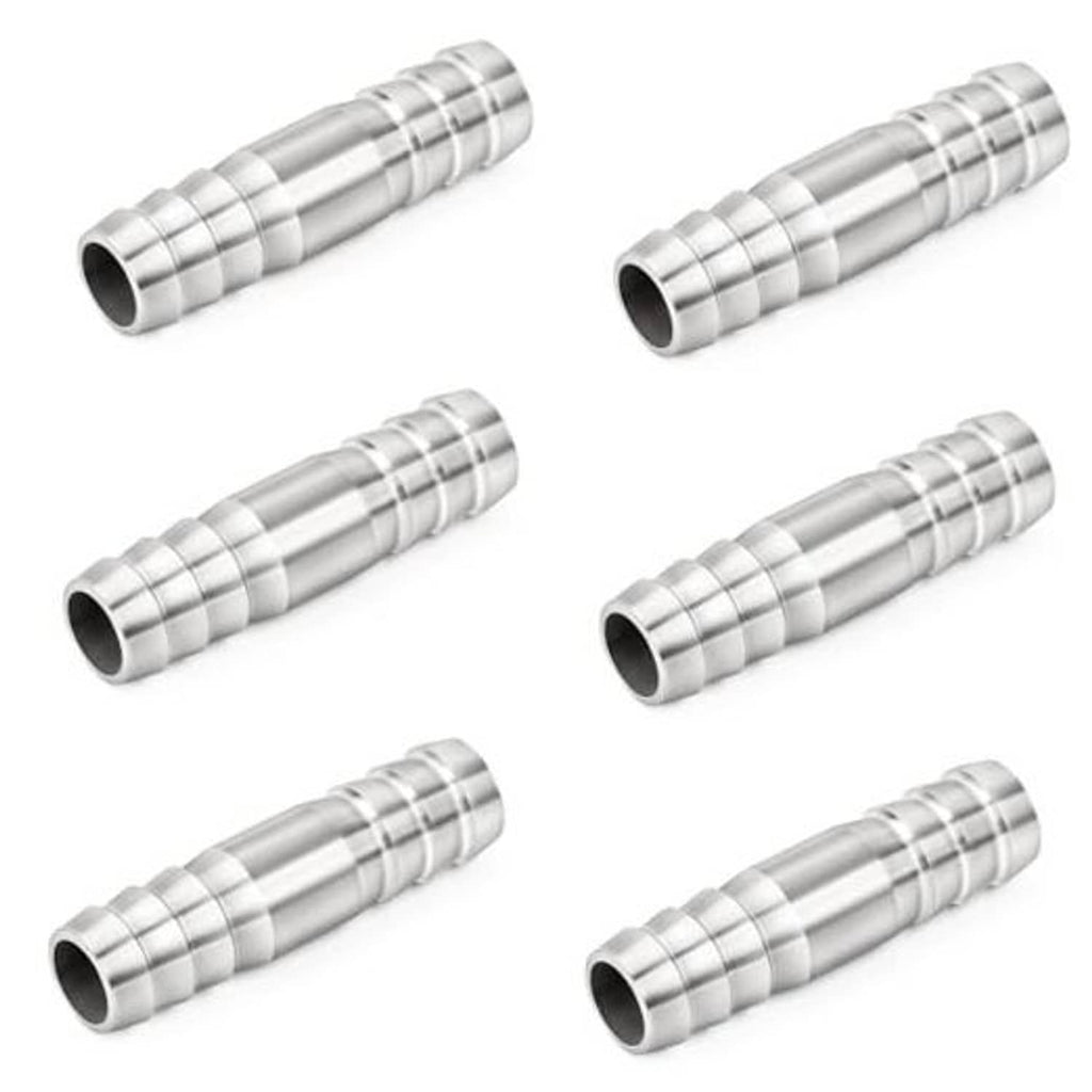 Set of stainless steel hose barb splice fittings with serrated barbs