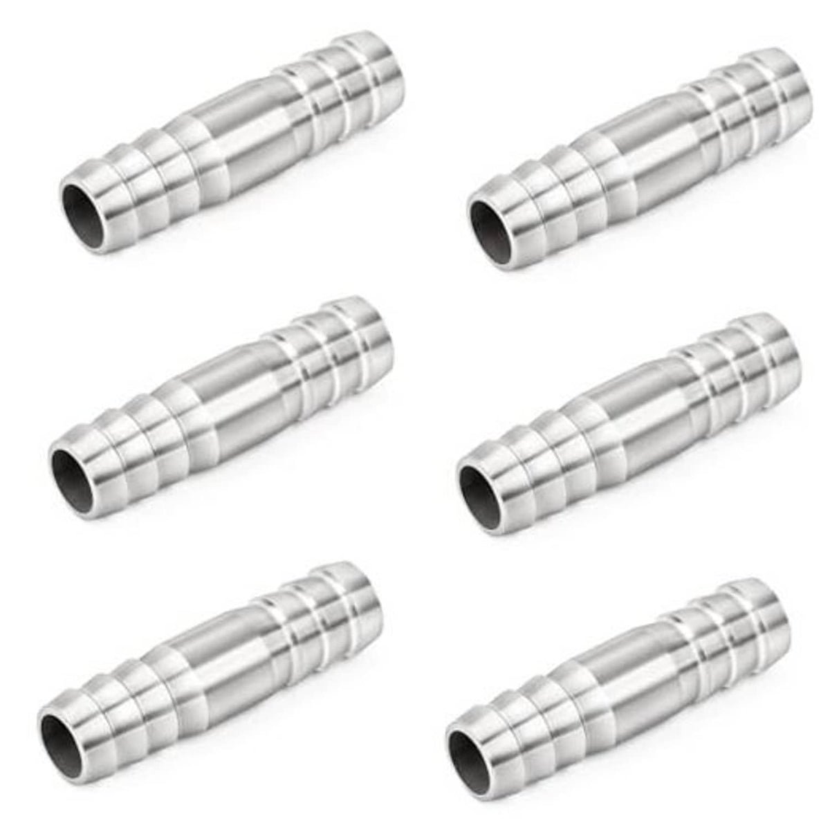 Set of stainless steel hose barb splice fittings with serrated barbs