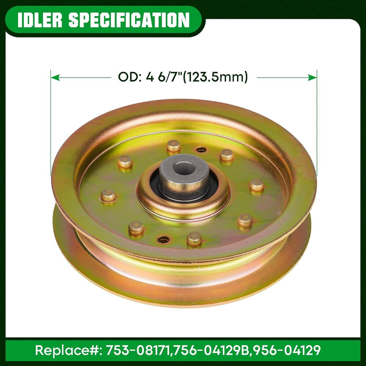 Metal idler pulley with gold finish and center bushing