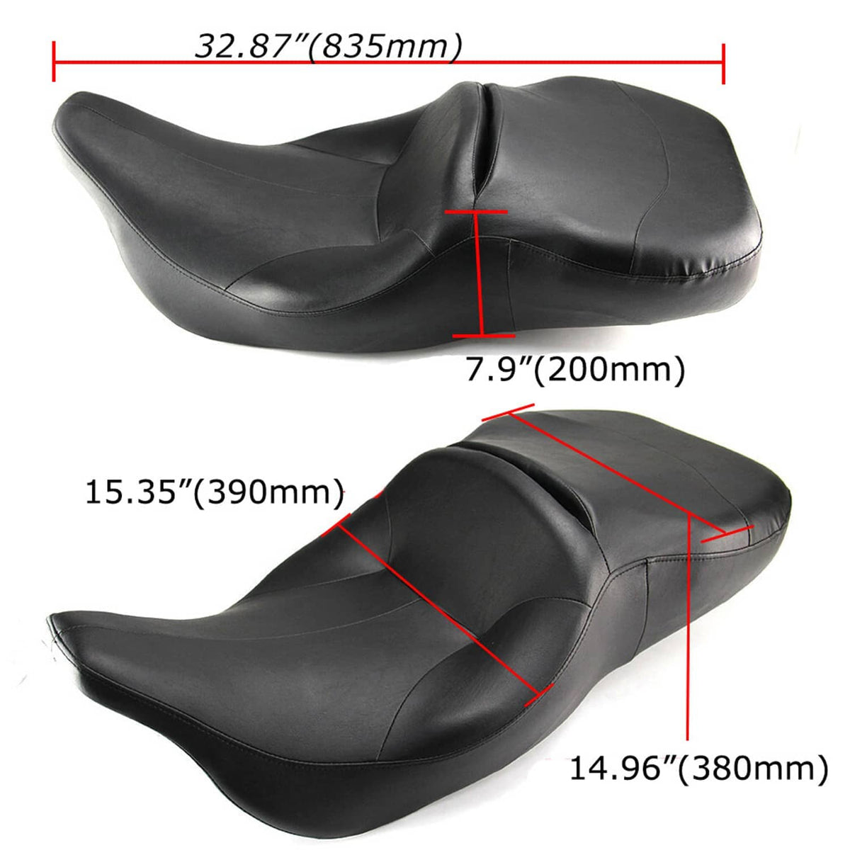 Black passenger motorcycle seat with sculpted contours and curved profile