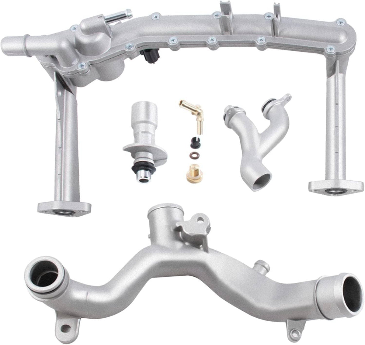 Aluminum coolant water pipe system kit with curved pipes and mounting flanges