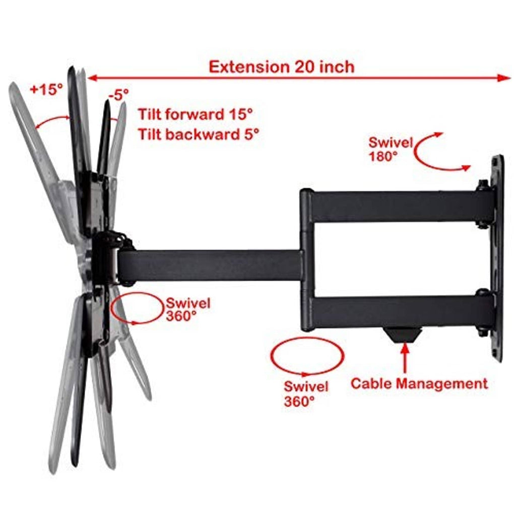 TV wall mount with tilt and swivel joints, extension arm, and cable management