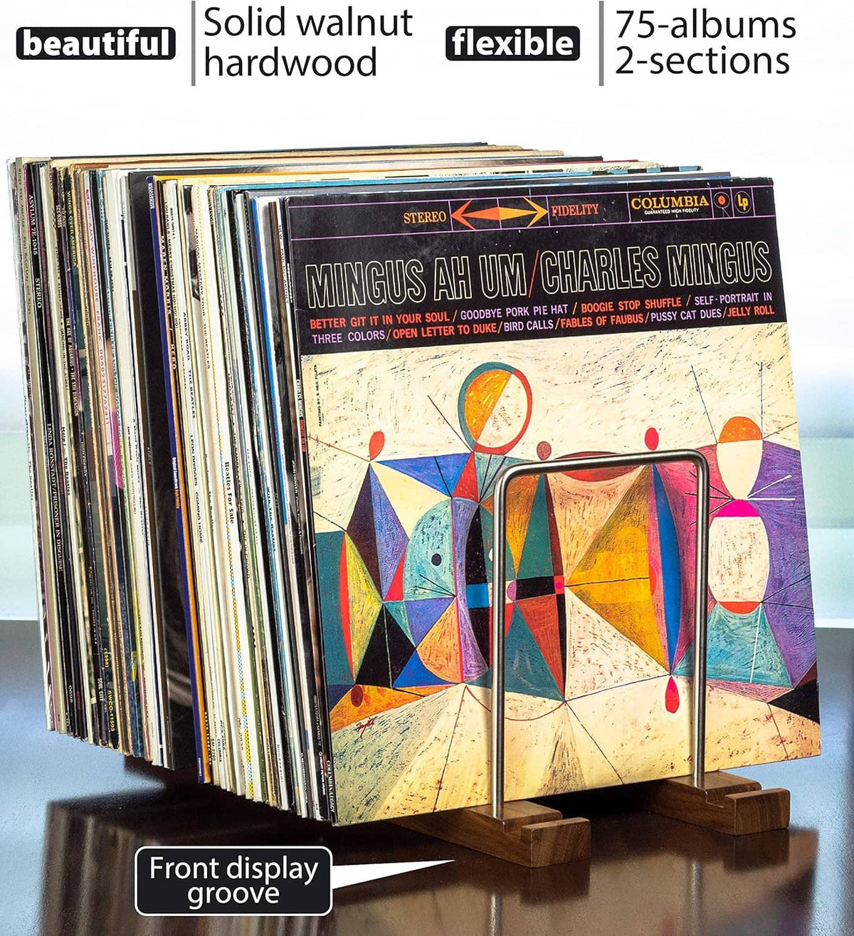 Solid walnut record stand with flexible display groove and two upright sections for 75 albums