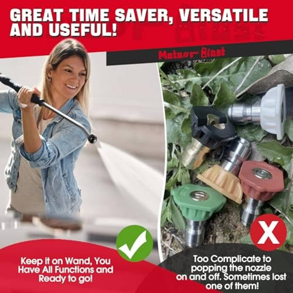 Rotary pressure washer nozzle tip on wand, multi-pattern cleaning head