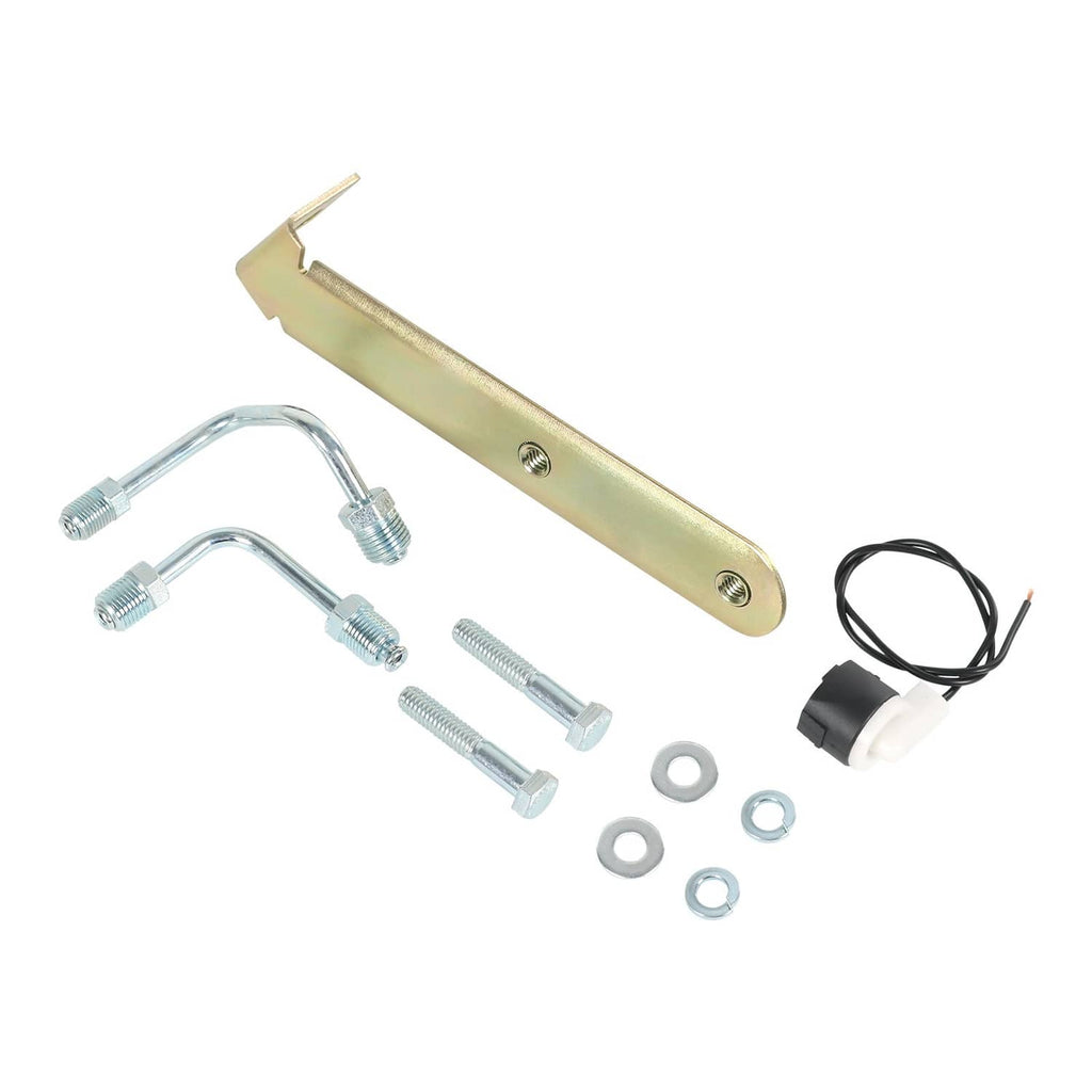 Brake proportioning valve kit: brass valve, bracket, hoses, bolts, washers, and connector