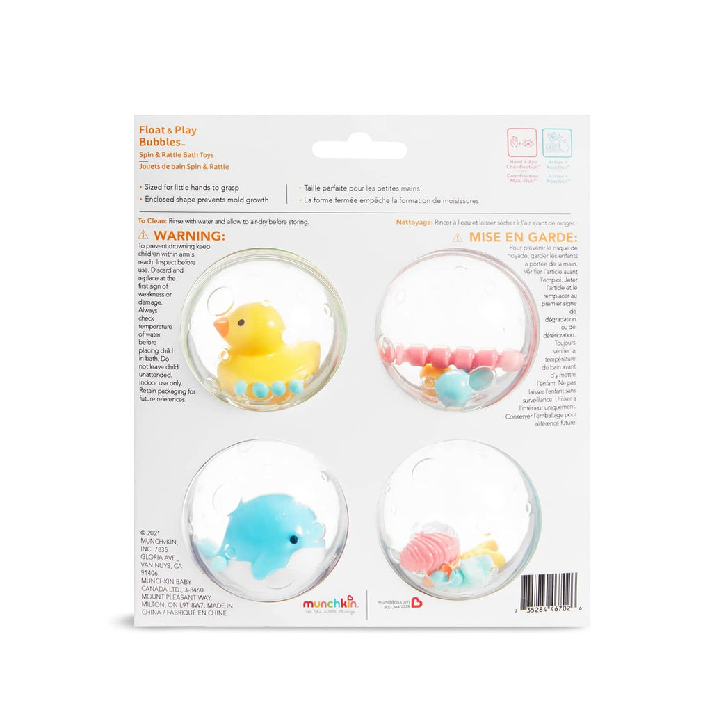 Back of Munchkin Float & Play bubble bath toy set package with four toy images