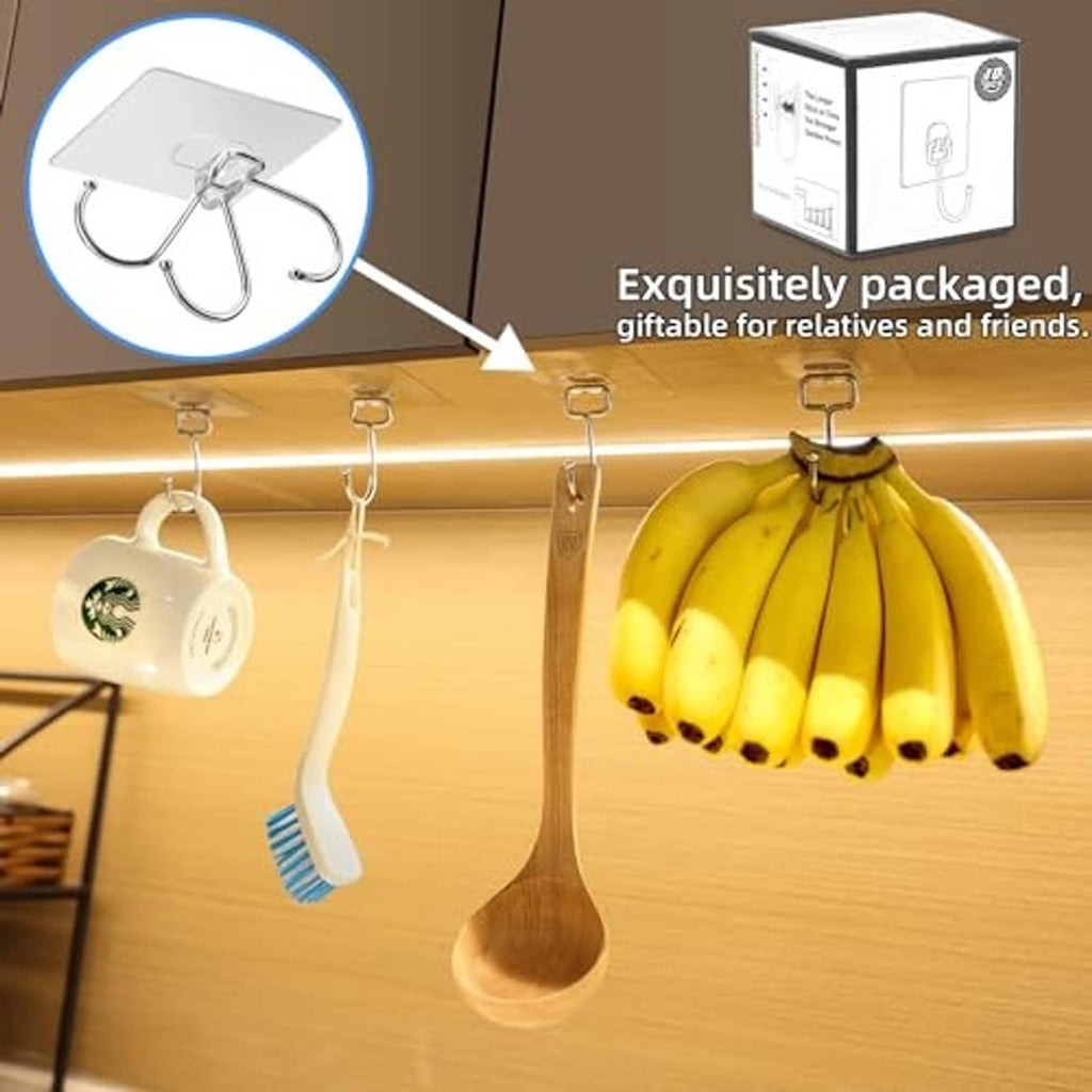 Pack of clear adhesive hooks with chrome U hooks for hanging kitchen items from a beam