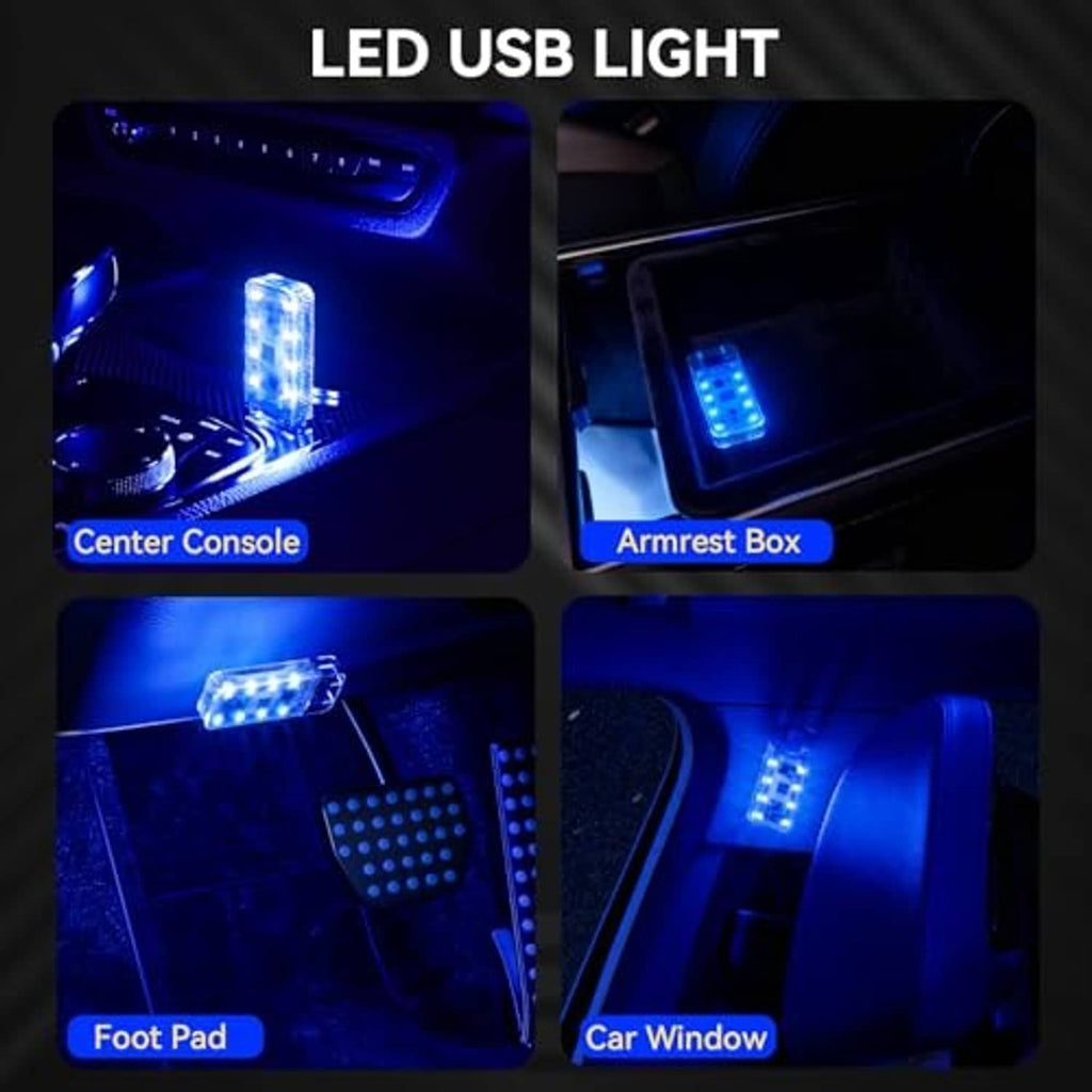 LED USB interior car lights with blue glow, for console, armrest, and foot pad