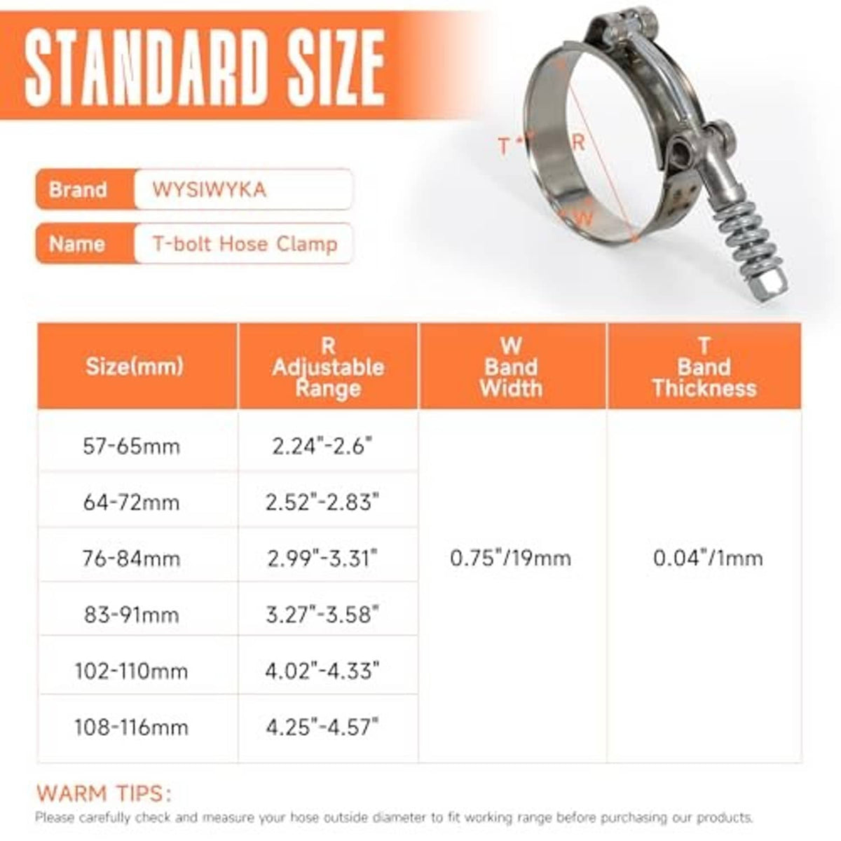 Stainless T-bolt hose clamp with adjustable band on table top