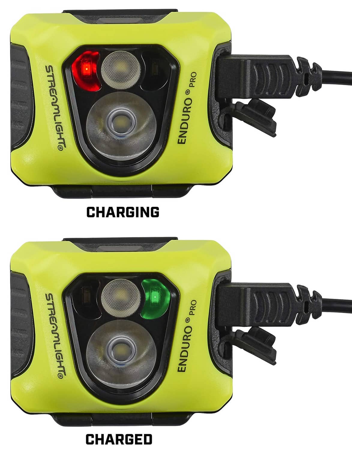 Yellow headlamp showing charging state with green indicator light