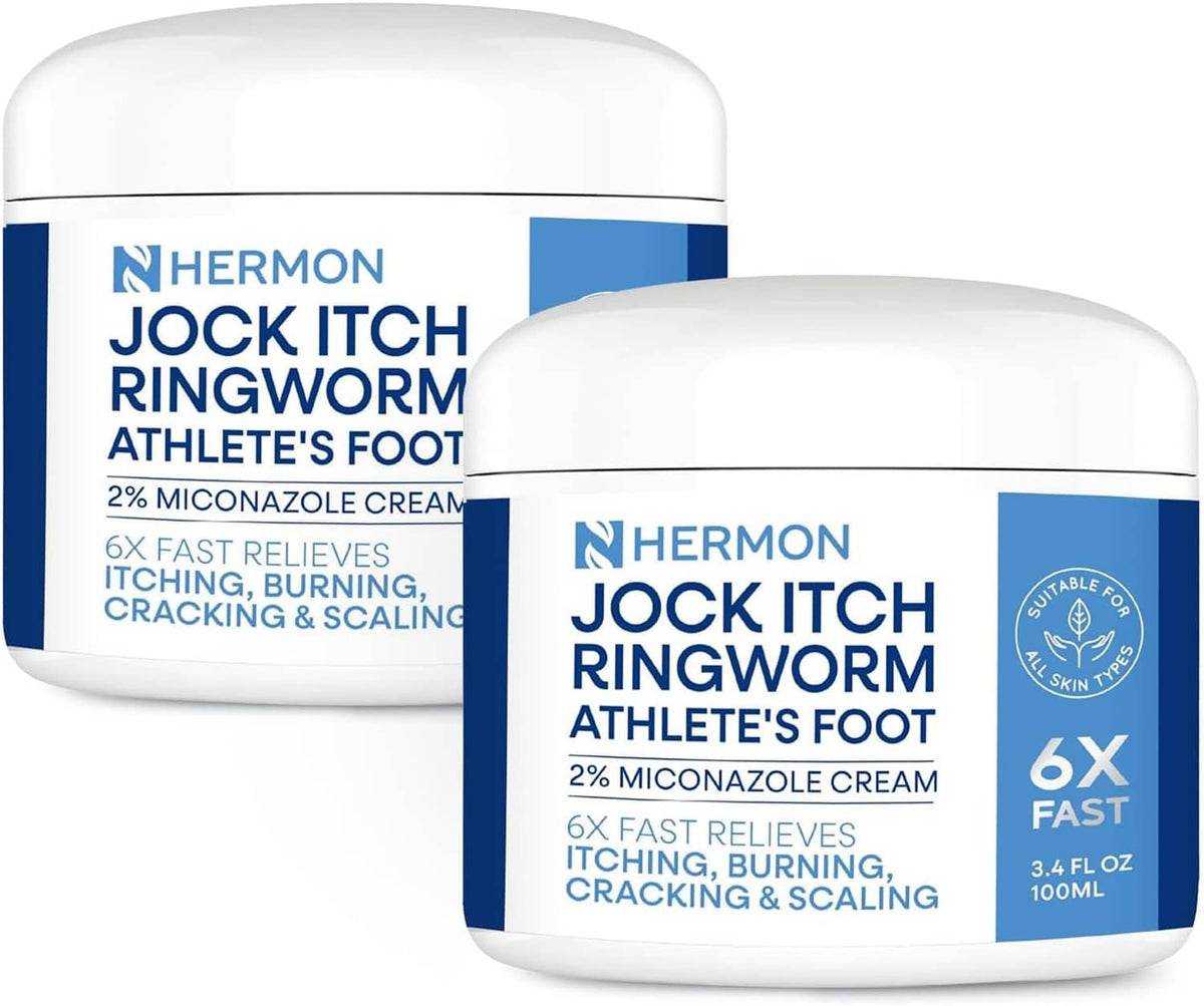 Hermon Jock Itch antifungal cream jar, blue and white label, close-up