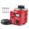 Red adjustable voltage transformer with voltmeter display, power switch, and control dial