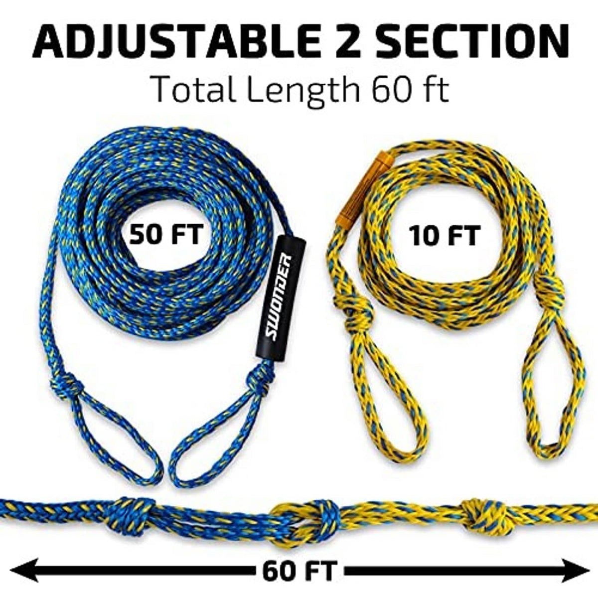 Adjustable 2-section tow rope, 50 ft and 10 ft segments, blue and yellow braided line