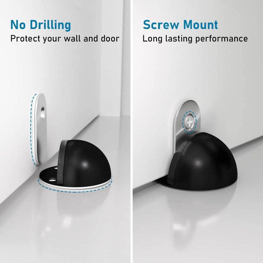 Magnetic door stopper showing no-drill adhesive mount and screw-mounted base