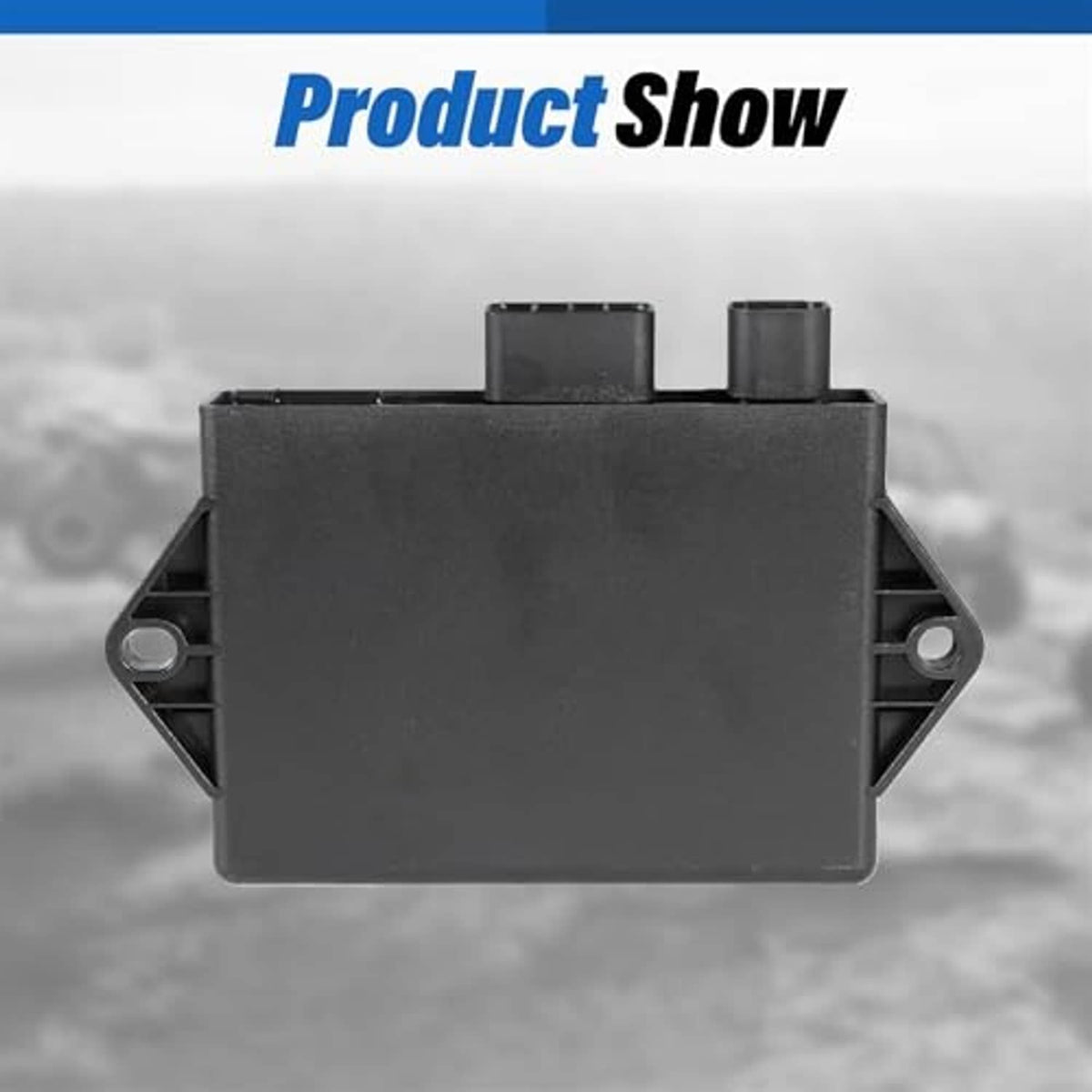 Black CDI ignition control box, rear view with two mounting holes and ports