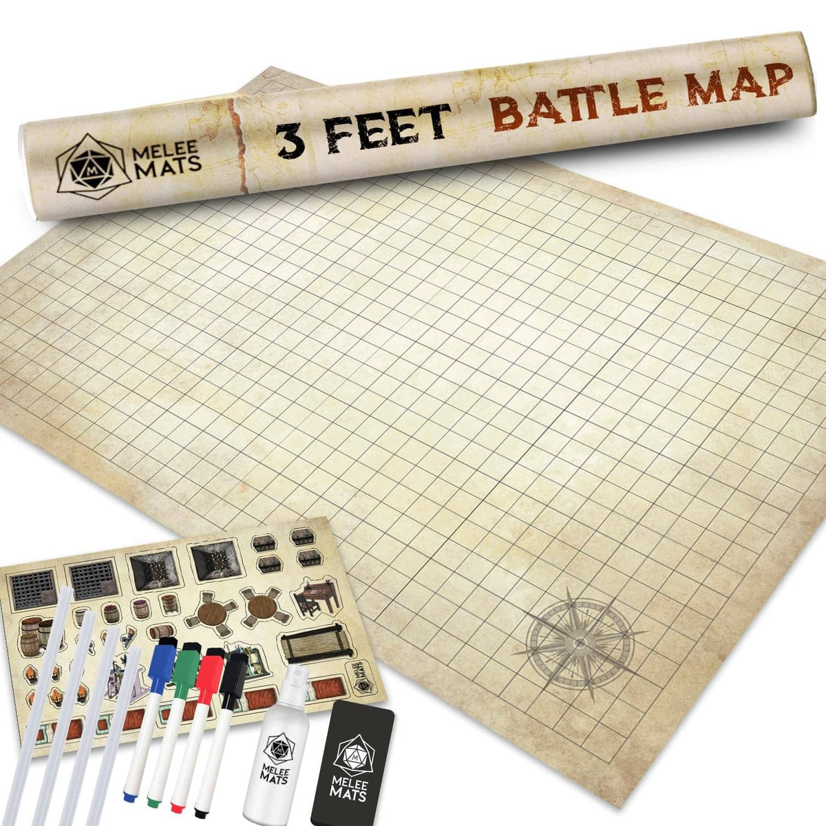 Rolled melee battle map mat with grid and compass print, 24x36 in