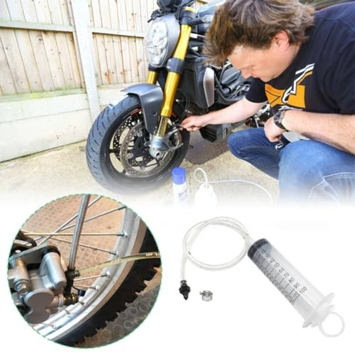 Motorcycle brake bleeding using syringe and clear hose, with included fittings