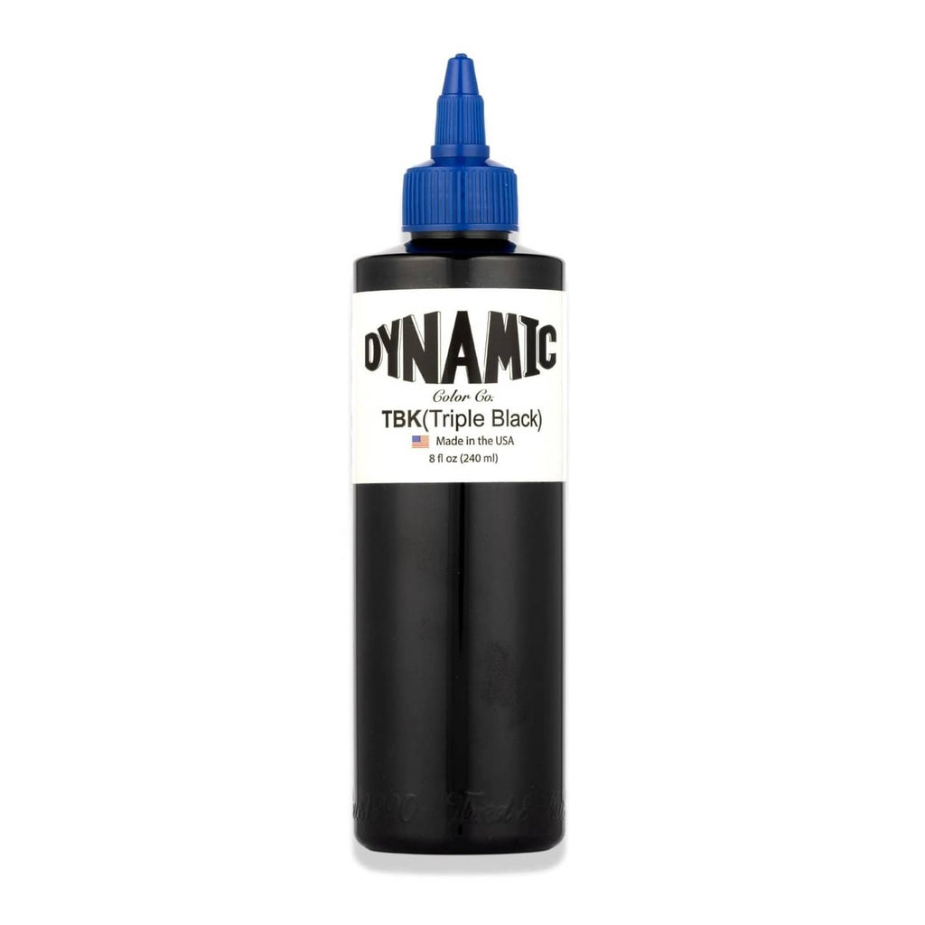 Dynamic ink bottle, 8oz, triple black with blue twist cap and black liquid.