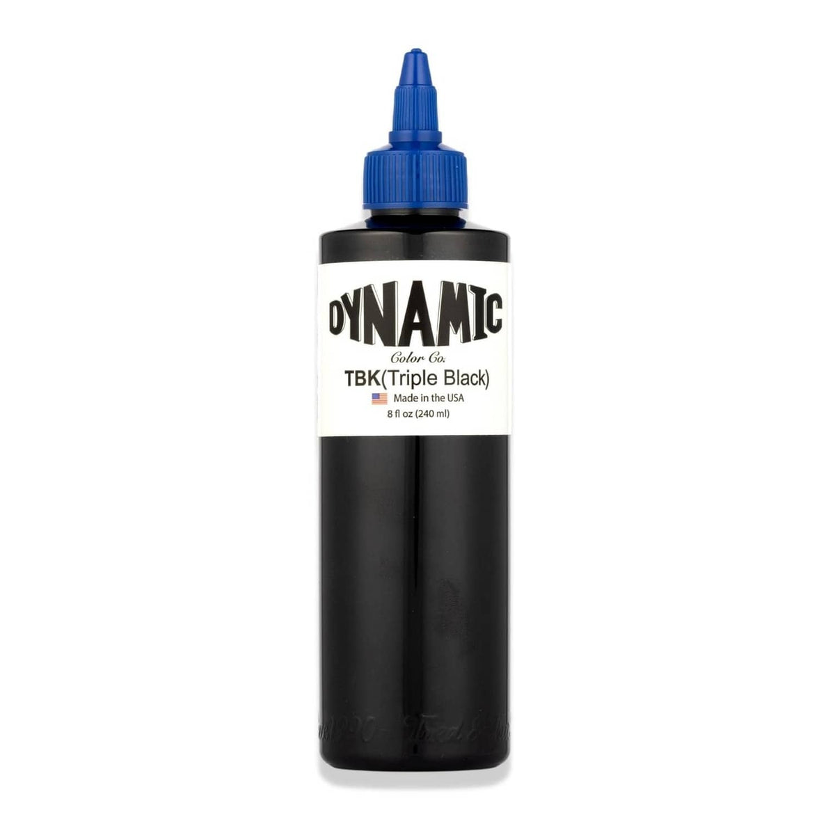 Dynamic ink bottle, 8oz, triple black with blue twist cap and black liquid.