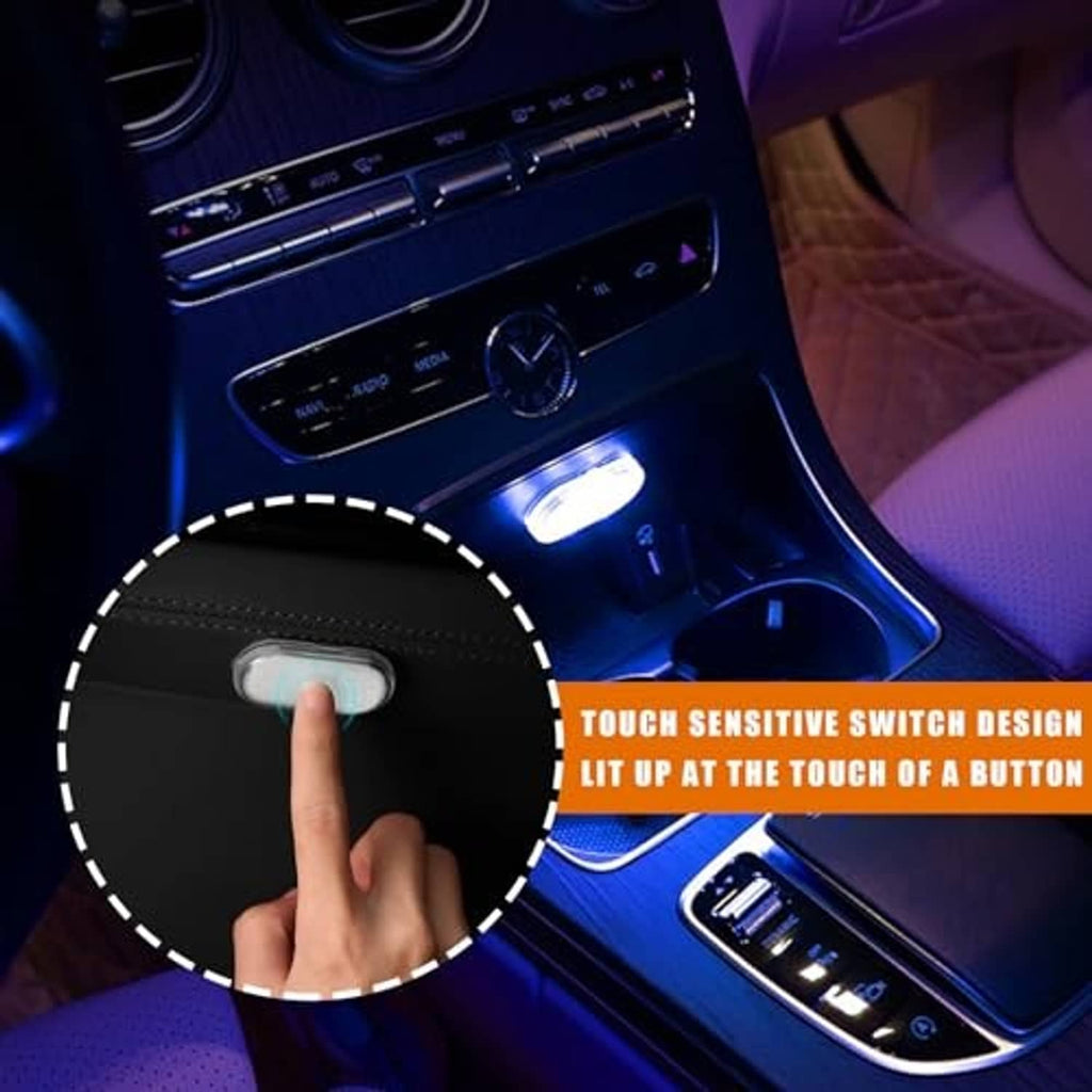 Touch-activated oval LED car interior light with finger pressing the switch.