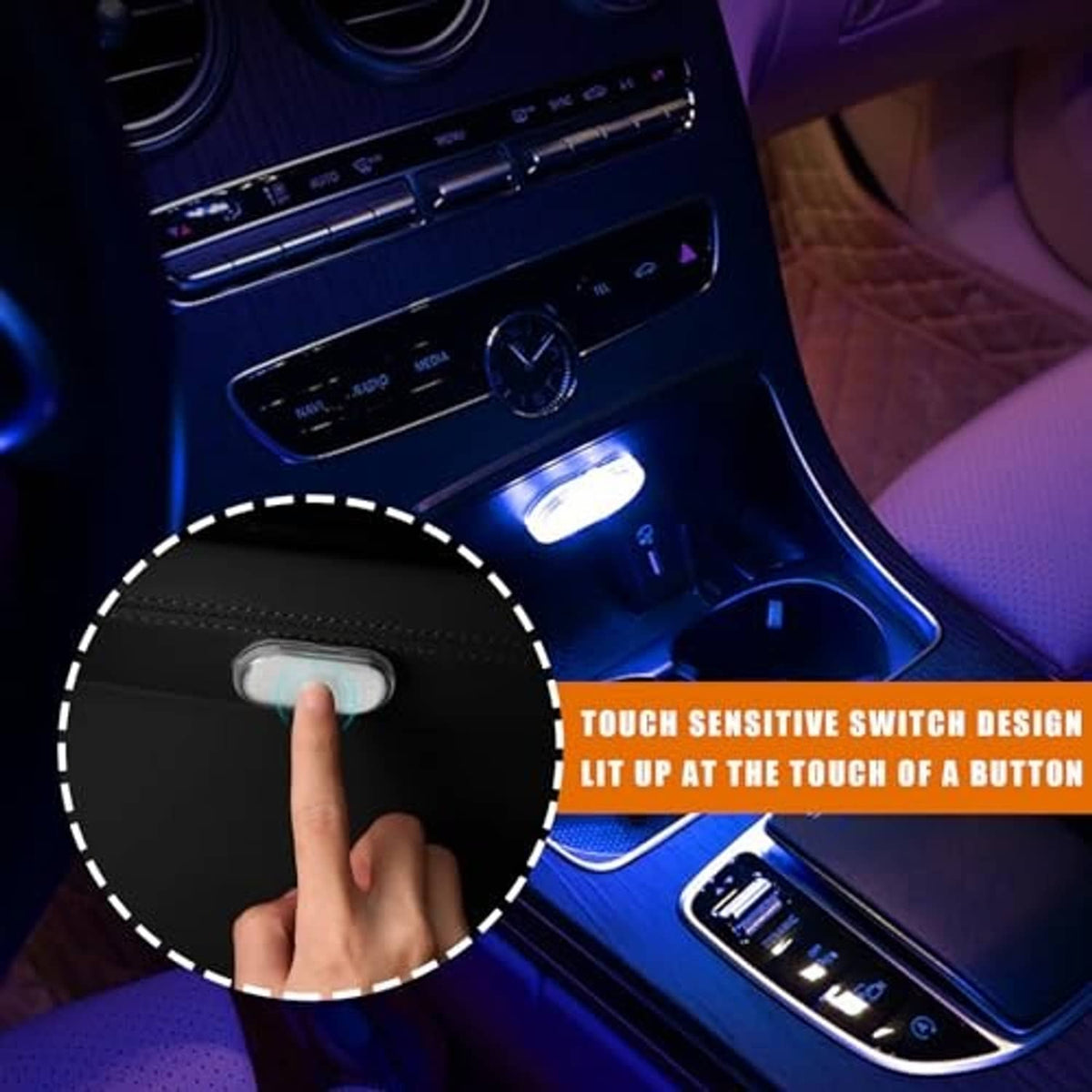 Touch-activated oval LED car interior light with finger pressing the switch.