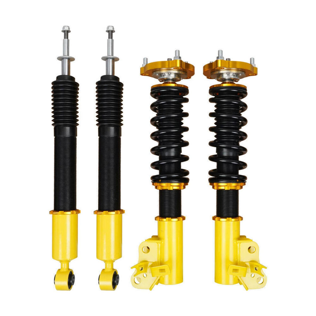 Four coilover assemblies with yellow bodies and black springs, ready for installation