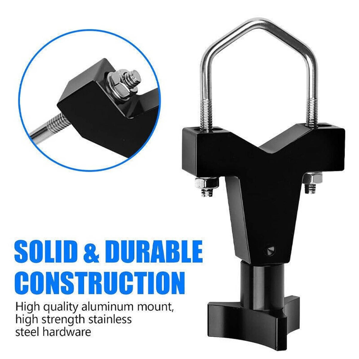 Black tube mount jack bracket with U-bolts and bolt hardware, close-up
