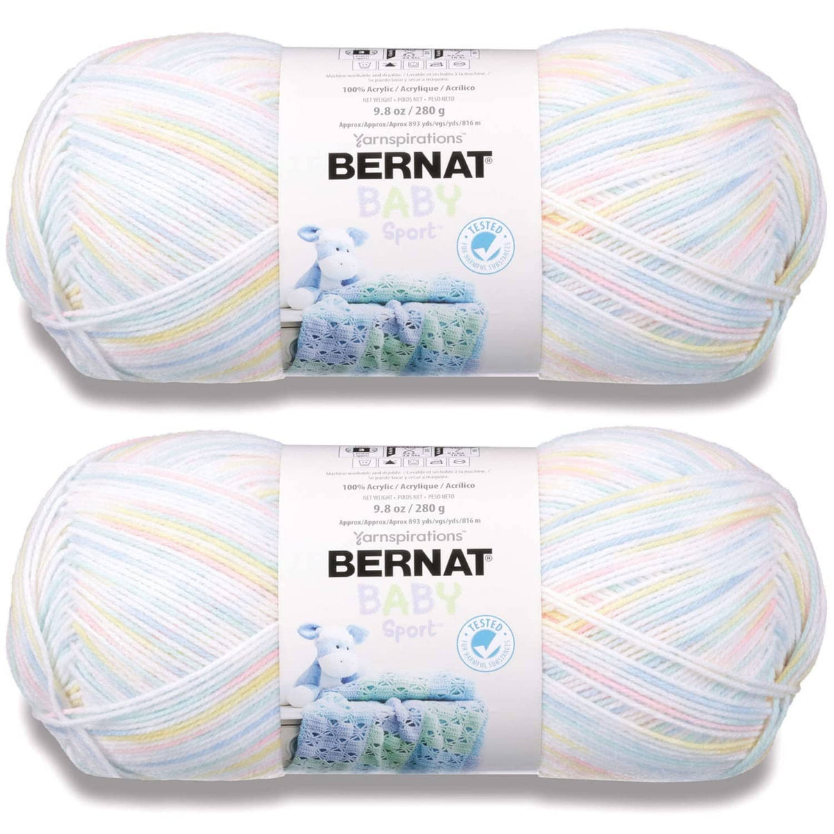 Bernat Baby Sport soft acrylic yarn skein, pastel multicolor blue, white, yellow