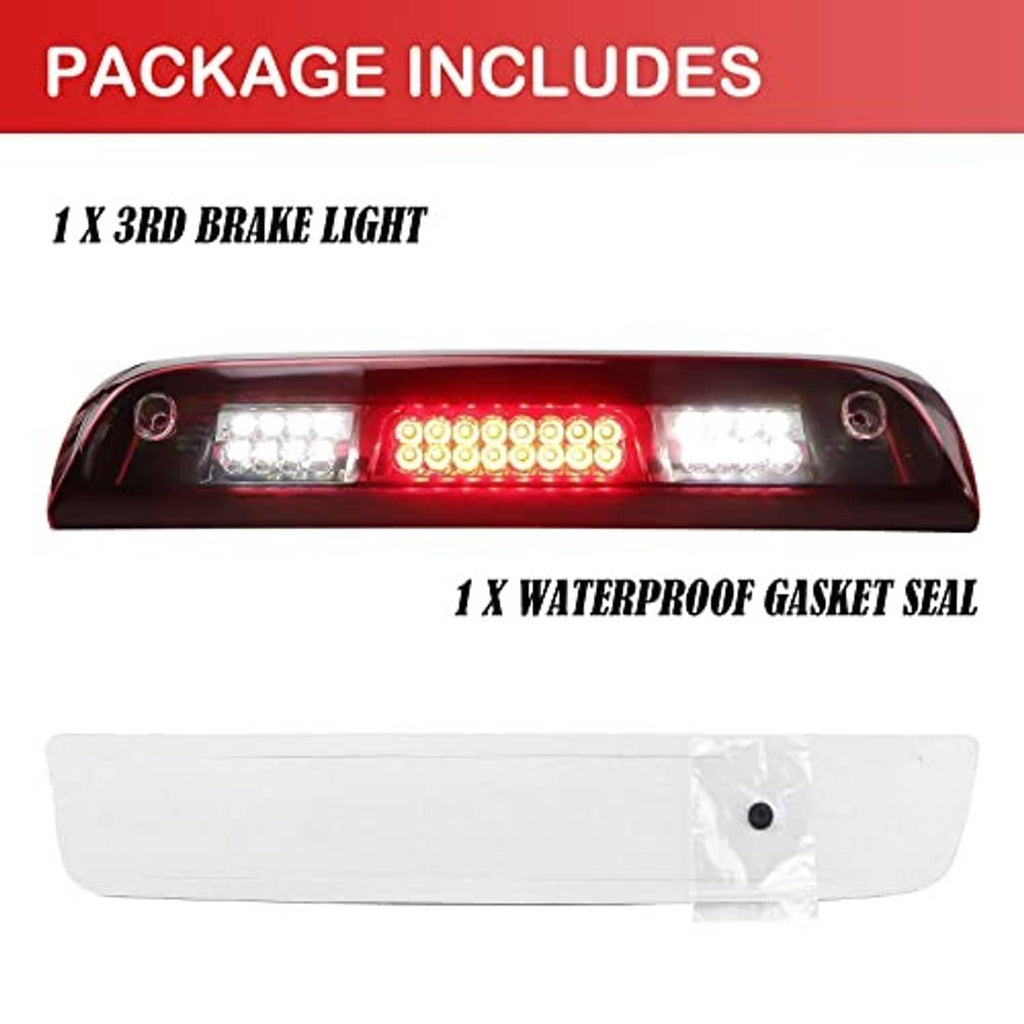 LED third brake light bar with red center lens and white LED blocks, clear side lenses