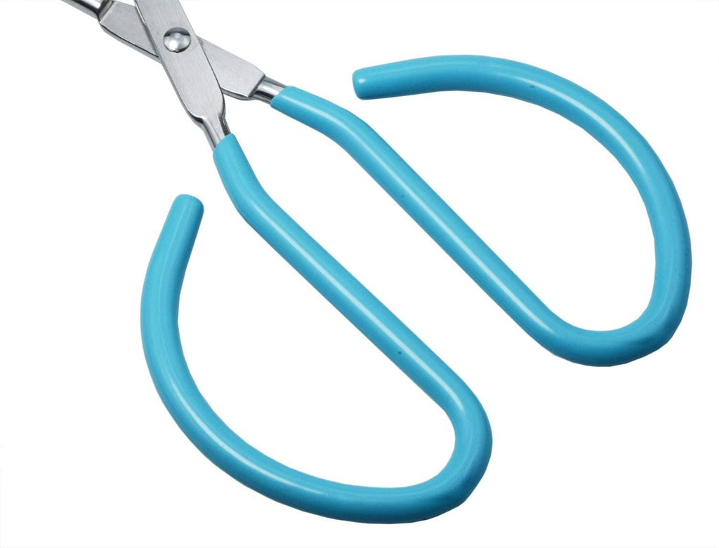 Kitchen scissor tongs with teal comfort-grip loops and stainless arms