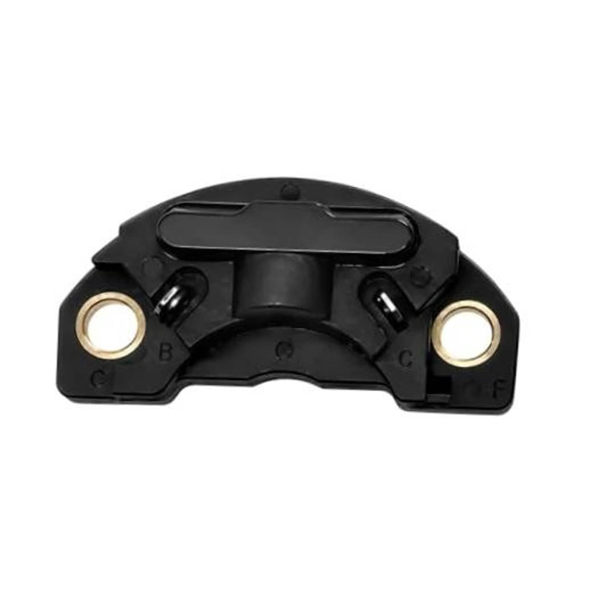 Ignition control module with black housing and two gold electrical terminals
