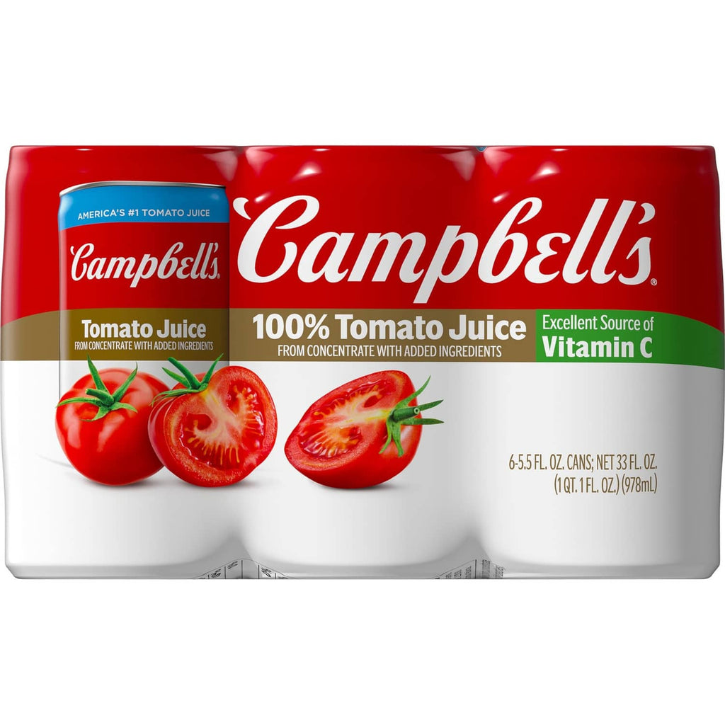 Campbell's 100% tomato juice can with red top and white front label