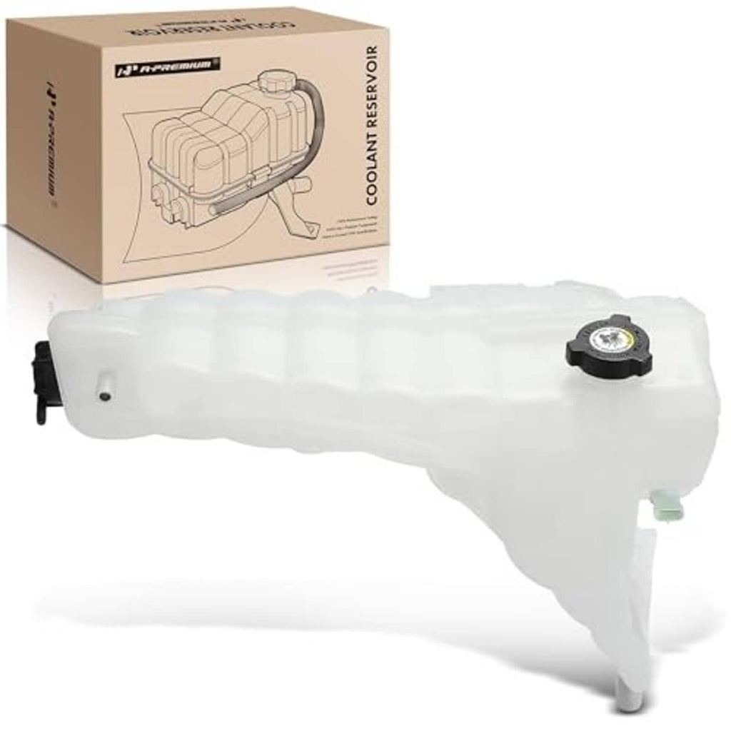 Translucent white coolant overflow reservoir tank with black cap and outlet port