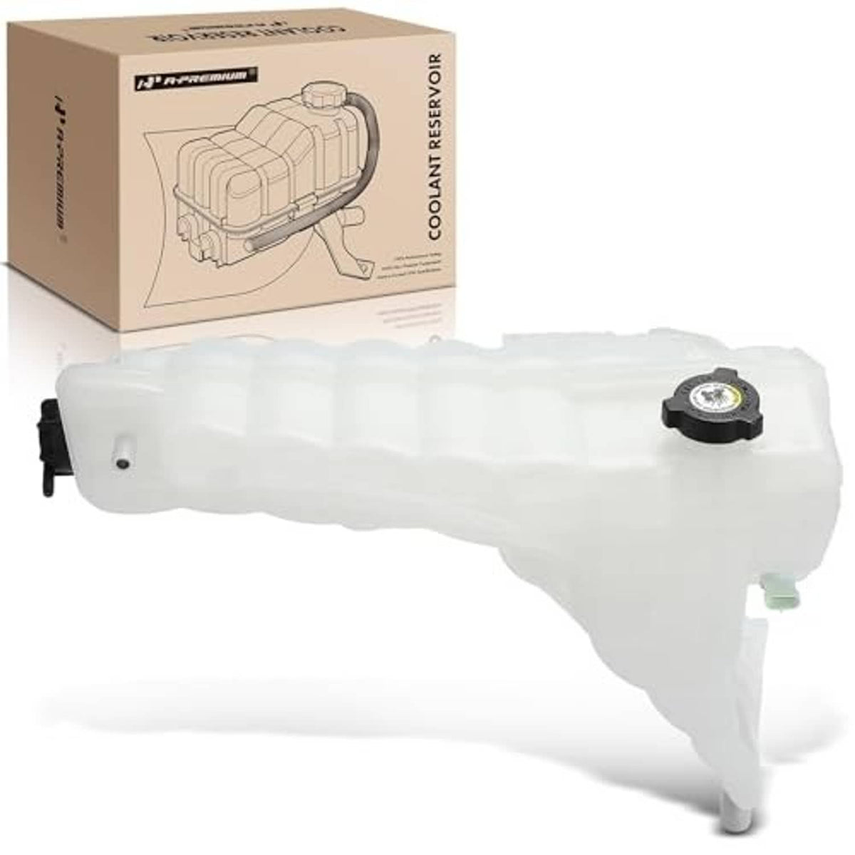 Translucent white coolant overflow reservoir tank with black cap and outlet port