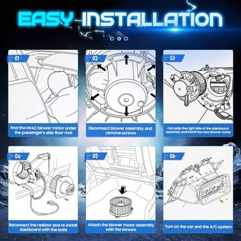 Step-by-step installation diagrams for AC blower motor fan assembly