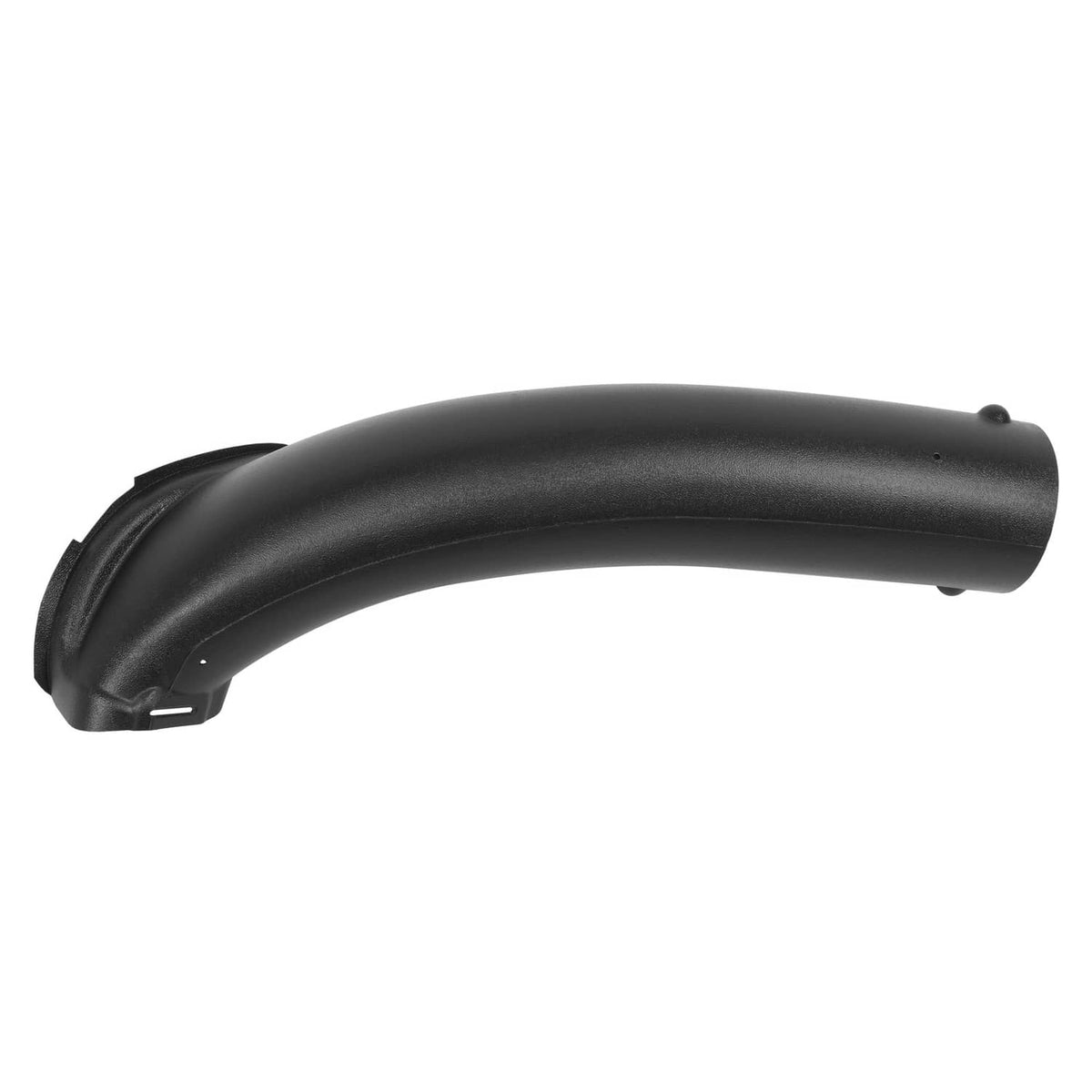 Black curved chute for lawn mower, side view with round discharge opening