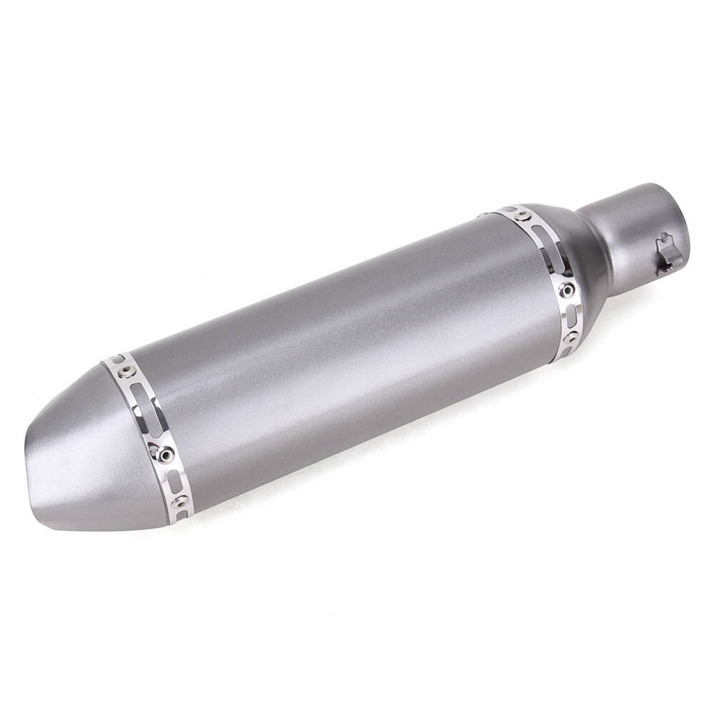 Silver cylindrical motorcycle exhaust muffler with clamp band on the inlet side