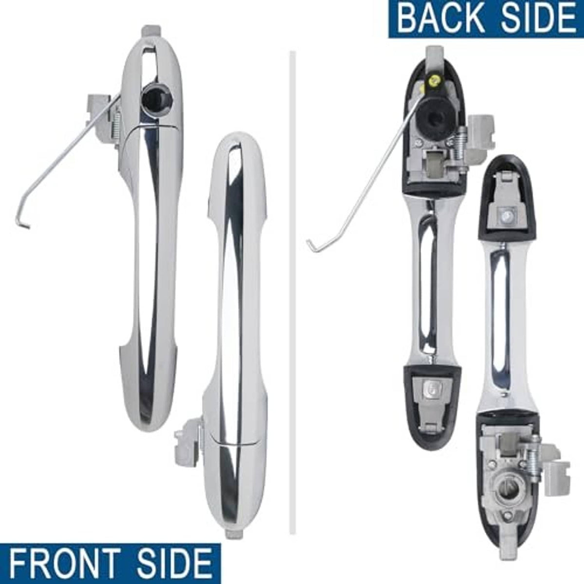 Chrome exterior door handle pair, front and back views with mounting parts