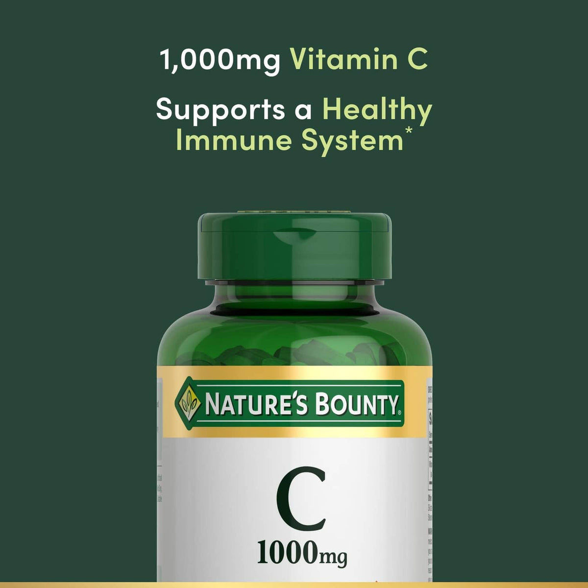 Nature’s Bounty Vitamin C 1000mg supplement bottle front label, green cap